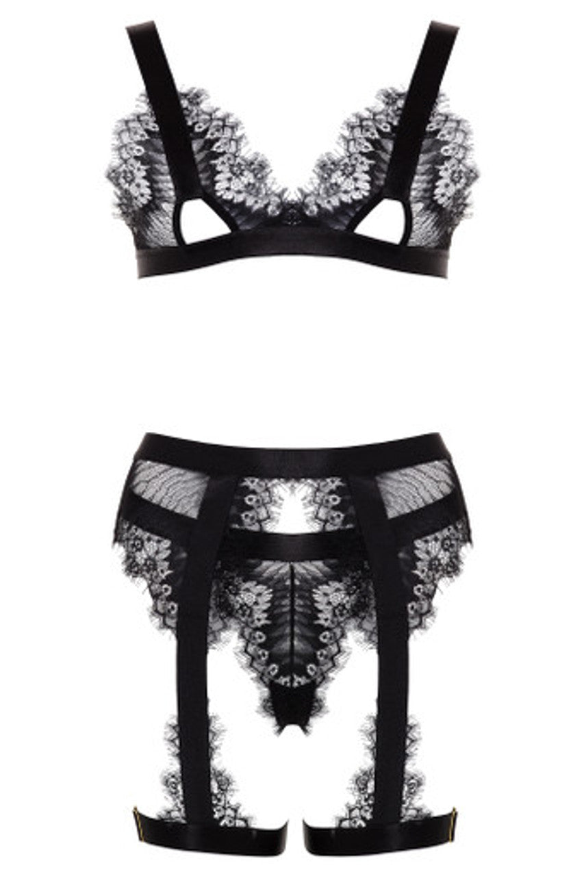 Black Eyelash Lace Covered Bra and Panty Set With Swarovski